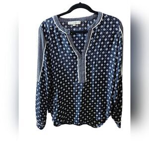 LOFT Navy Diamond‎ Print Long Sleeve Chiffon Top - Size Small